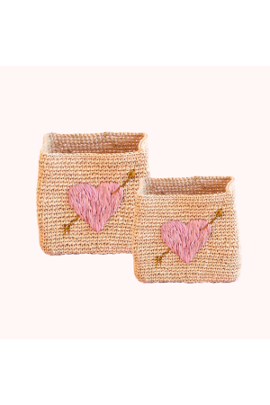 Grand panier carré en raphia - Naturel - Broderie Coeur Rose