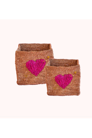 Petit panier carré en raphia - Thé - Broderie Coeur Rouge