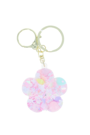 Porte-clés fleurs à paillettes liquide rose